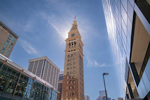 The historic Daniels & Fisher clock tower along the 16th Street Mall in downtown Denver, Colorado