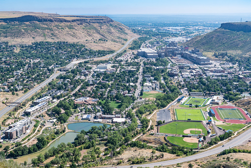 Golden, Colorado - August 8, 2022: Aerial view of the skyline of Golden Colorado from Lookout Mountain