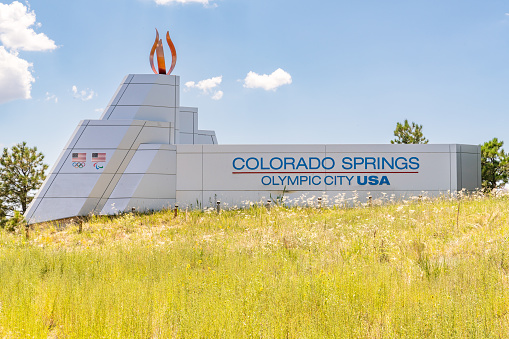 Colorado Springs, Colorado - August 12, 2022: Colorado Springs - Olympic City Sign along Interstate 25 in Colorado Springs