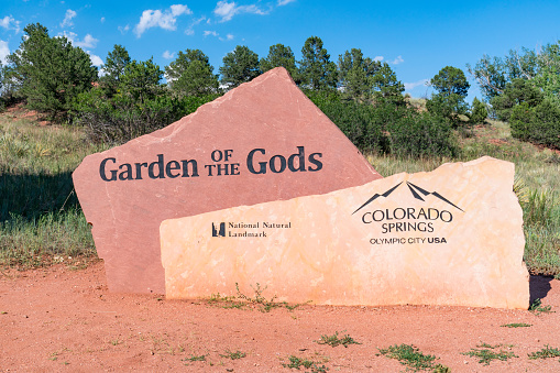 Colorado Springs, Colorado - August 12, 2022: Welcome sign entering Garden of the Gods park in Colorado Springs