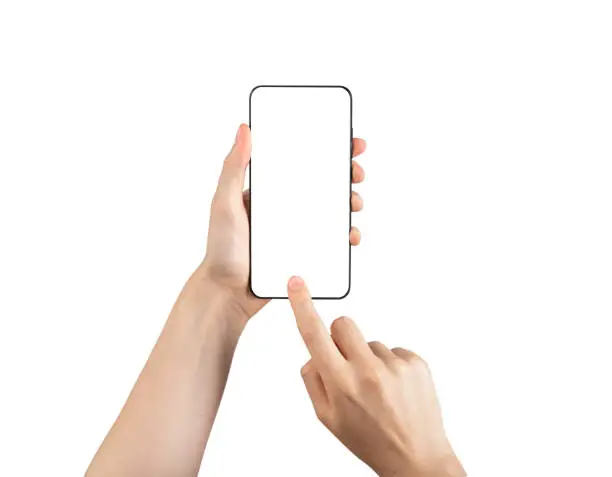 Photo of Forefinger tapping home button on phone mockup isolated on white background. Android template with blank display.