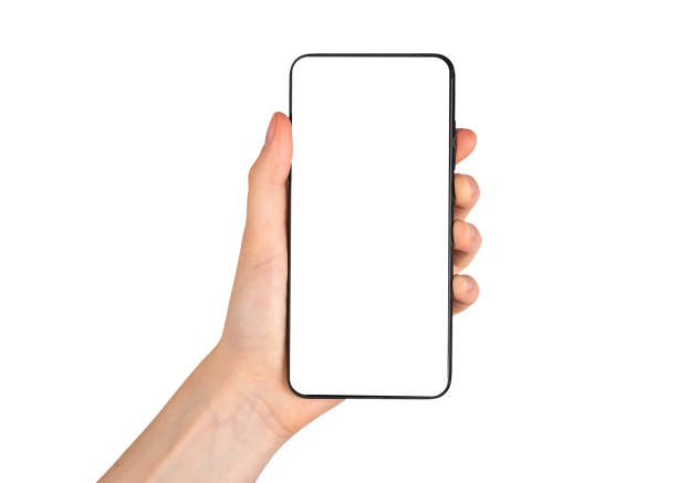 istock Hand holding phone mockup isolated on white background. Smartphone template. 1415431818