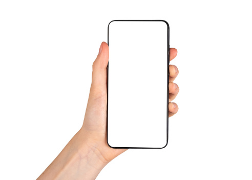 Hand holding phone mockup isolated on white background. Smartphone template. High quality photo