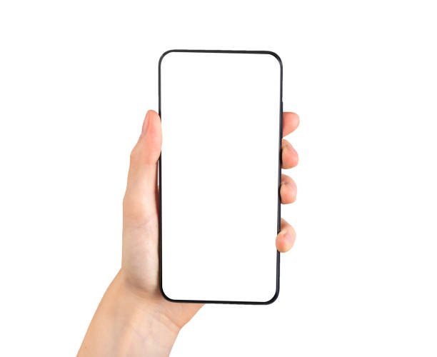 istock Hand with phone mockup in vertical position isolated on white background. Android template with empty screen. Woman holding telephone 1415431824