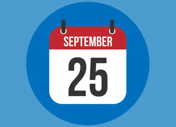 Vector illustration of 25 September blue calendar vector. Calendar september with circle in background clear.