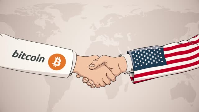 Cooperation between Bitcoin and USA in front of world map. The concept of America, handshake, business agreement, politics, meeting, country flags, celebrate, international friendship relations, diplomats shaking hands, businessman, peace trade policy