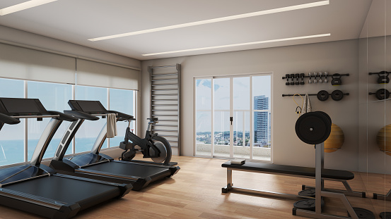 3d rendering of modern gym, with natural light and gray and mirror walls and woof floor.