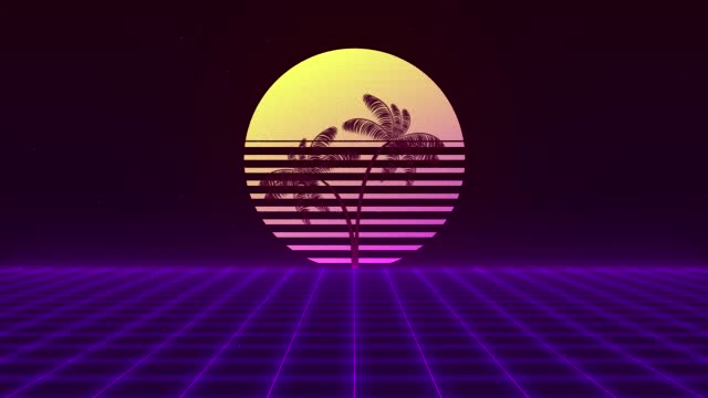 Retro Wave Grid Sun with Palm Background Loop