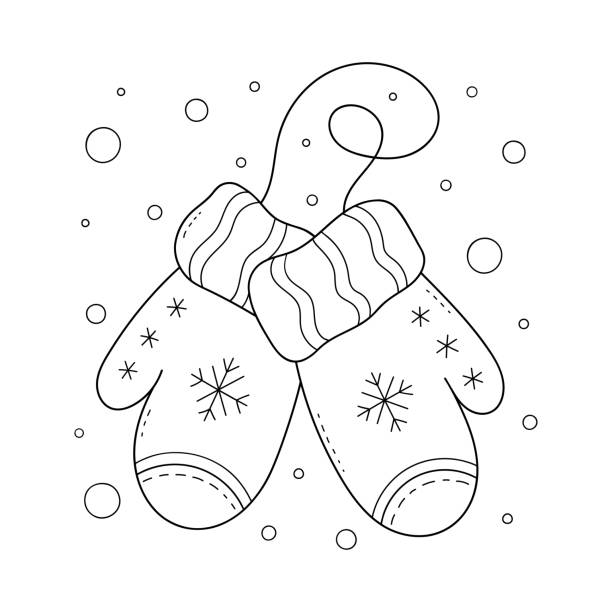 ilustraciones, imágenes clip art, dibujos animados e iconos de stock de mitones de invierno con copos de nieve. decoración navideña. colorante antiestrés para adultos y niños. adorno de garabato en blanco y negro. dibujo a mano de la ilustración vectorial. - intricacy snowflake pattern winter