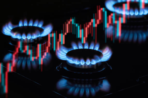 bruciatori a gas fiammeggianti sulla stufa della cucina domestica con un grafico di scambio della crescita del costo dei prezzi del gas naturale - crisis house burning color image foto e immagini stock