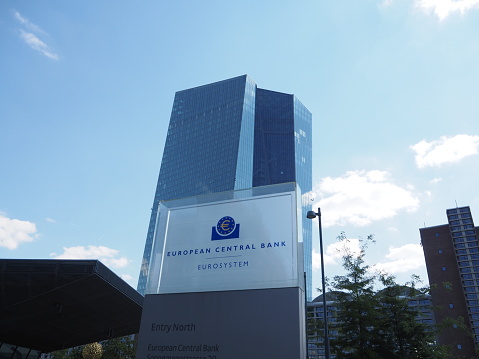 Frankfurt Hessen, Germany - August 16 2022: New European Central Bank (ECB) headquarters building with the logo in Frankfurt Germany.