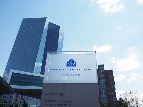Frankfurt Hessen, Germany - August 16 2022: New European Central Bank (ECB) headquarters building with the logo in Frankfurt Germany.