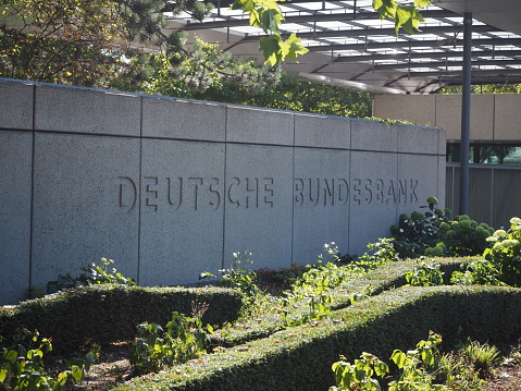 Frankfurt, Hessen Germany - August 16 2022: Deutsche Bundesbank (German Central Bank) logo sign headquarters in Frankfurt Germany.