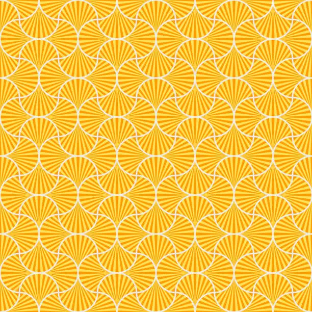 Vector illustration of Golden And Yellow Ogee Seamless Repeat Pattern Design. Quatrefoil Style Pattern With Yellow And Orange Stripped Scallop Shaped Motifs.