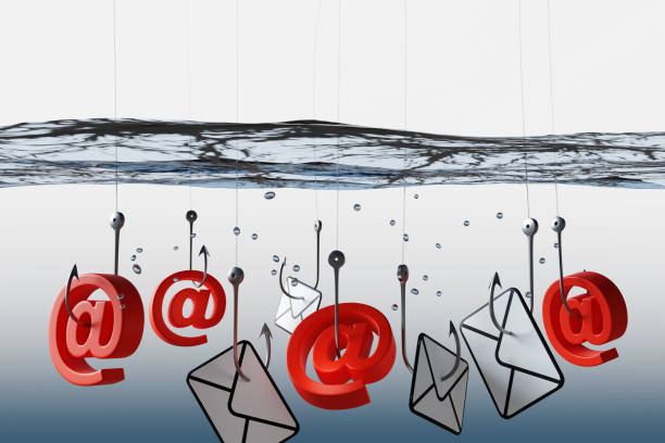 A lot of fishing hooks catching mails and AT symbol of keyboard in clear water A lot of fishing hooks catching mails and AT symbol of keyboard in clear water. Illustration of email phishing crimes synthetic identity theft stock pictures, royalty-free photos & images