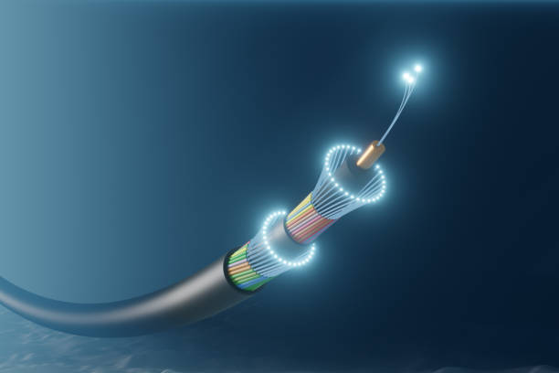 submarine underwater communication fibre optic cable on deep sea bed. - submarine fiber cable stockfoto's en -beelden