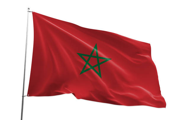 marokko flagge isoliert auf weißem hintergrund mit schnittpfad. nahaufnahme schwenkende flagge von marokko. flaggensymbole von marokko - moroccan flags stock-fotos und bilder
