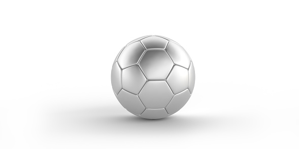 Silver Sports Ball concept: 3D rendered variety of diverse shaped, different size, round and spherical objects used for competition games. Equipment with detailed texture and stitches. Sport background with large blank copy space and clipping path. Set of realistic 7 images.