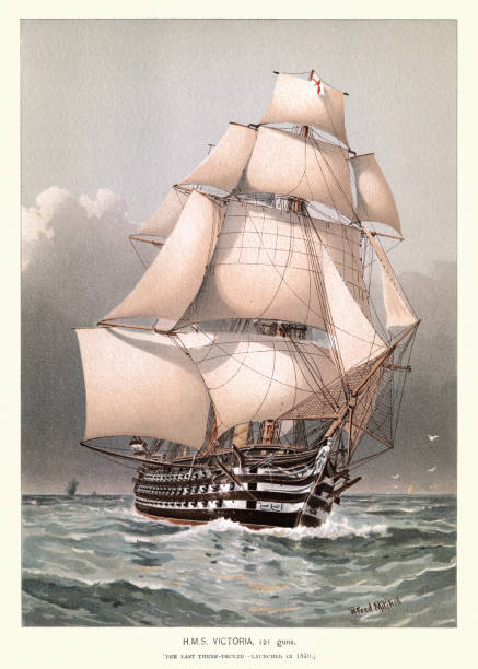 illustrazioni stock, clip art, cartoni animati e icone di tendenza di la hms victoria è stata l'ultima nave britannica in legno a tre ponti di prima classe della linea, nave da guerra della royal navy - decked