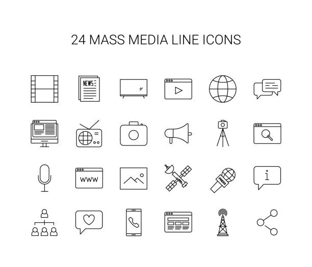 ilustrações de stock, clip art, desenhos animados e ícones de line icon set. mass media pack. vector illustration - the media paparazzi photographer press conference microphone