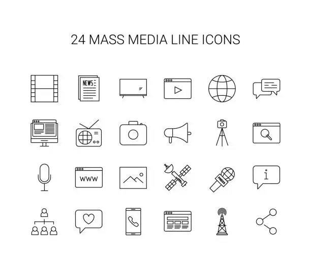 Vector illustration of Line icon set. Mass media pack. Vector Illustration