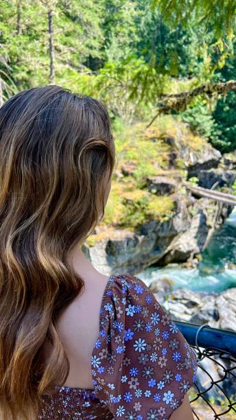 adolescente de vestido marrom da moda em cima de um penhasco acima de uma cachoeira na colúmbia britânica rio inglês falls park parksville qualicum vancouver island canadá - englishman river falls - fotografias e filmes do acervo