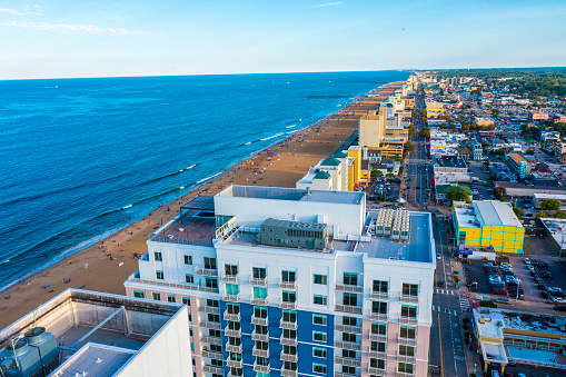 Aerial view of the Virginia Beach oceanfront and hotels looking south