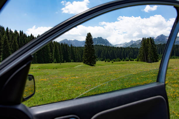 View od a beautiful nature Durmitor national park, view from a car.