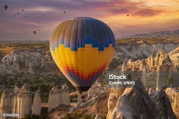 Stunning Morning View And Balloons In Cappadocia Taking Off At Sunrise Stock Photo - Download Image Now