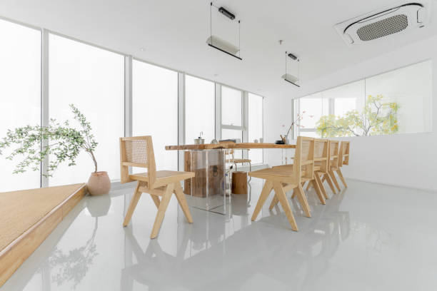 istock Tables, chairs and tea sets in the clean and empty tea house 1415461549