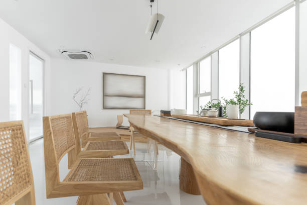 istock Tables, chairs and tea sets in the clean and empty tea house 1415461613