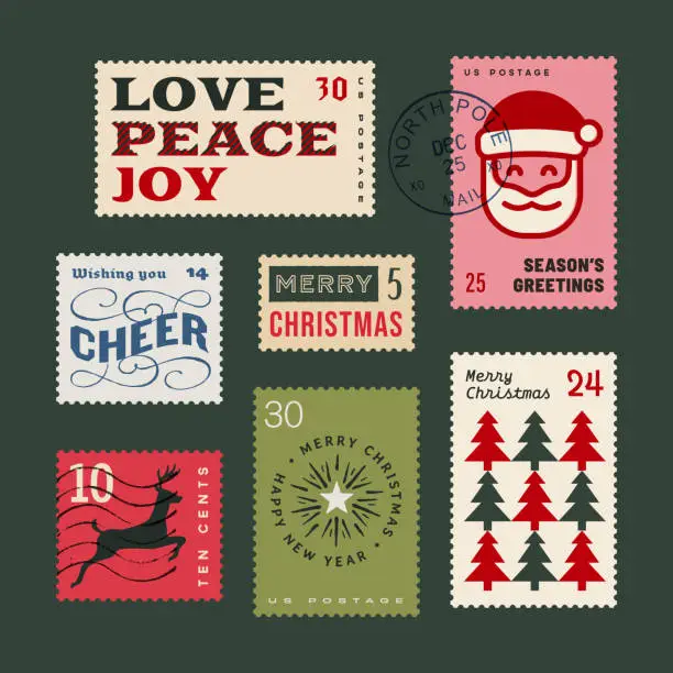 Vector illustration of Retro Christmas and winter holiday postage stamp collection