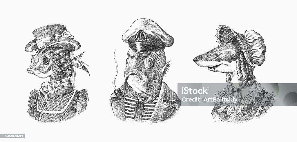 Fish Man Sailor With A Pipe Fish Victorian Lady Woman In Hat And