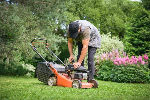 mature adult man mows the grass in the garden with a lawn mower