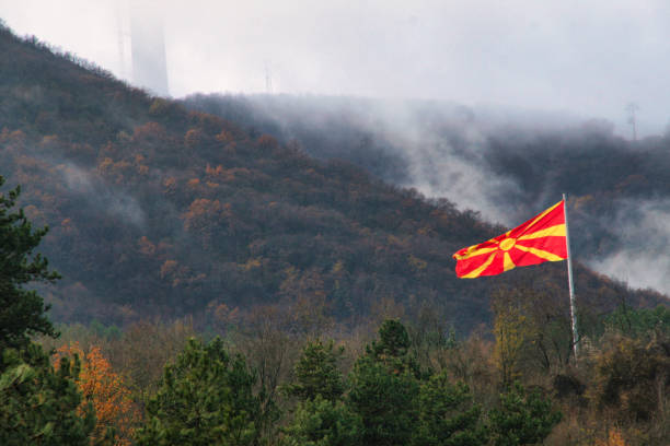 istock Flag of North Macedonia from mount Vodno 1415466487
