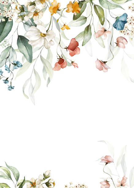 Watercolor floral frame / border / bouquet - illustration with blush pink red yellow orange white blue yellow vivid flowers, green leaves. Watercolor floral frame / border / bouquet - illustration with blush pink red yellow orange white blue yellow vivid flowers, green leaves, for wedding stationary, greetings, wallpapers, fashion, backgrounds, textures. watercolor floral stock illustrations