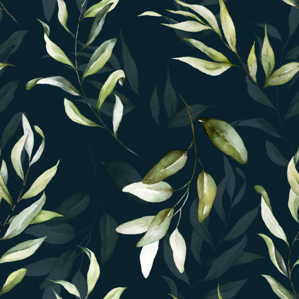Floral watercolor seamless pattern - green leaves branches elements on black background. Floral watercolor seamless pattern - green leaves branches elements on black background; for textile, fabric, wrappers, wallpapers, postcards, greeting cards, wedding invites, romantic events. blue rose against black background stock illustrations