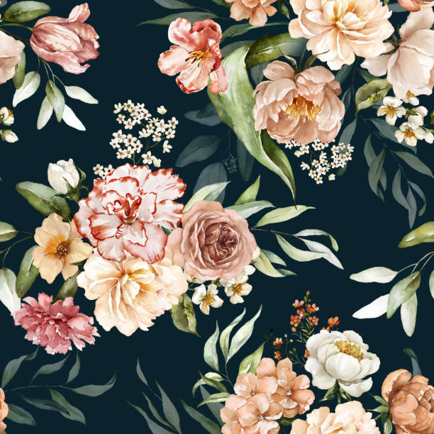 Floral watercolor seamless pattern - pink blush red blue yellow red orange burgundy white flowers elements, green leaves branches on black background. Floral watercolor seamless pattern - pink blush red blue yellow red orange burgundy white flowers elements, green leaves branches on black background; for textile, fabric, wrappers, wallpapers, postcards, greeting cards, wedding invites, romantic events. blue rose against black background stock illustrations