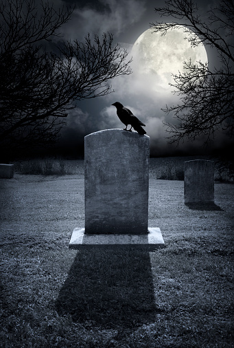Halloween landscape - cemetery with full moon and crow on tombstone and tree branch over full moon