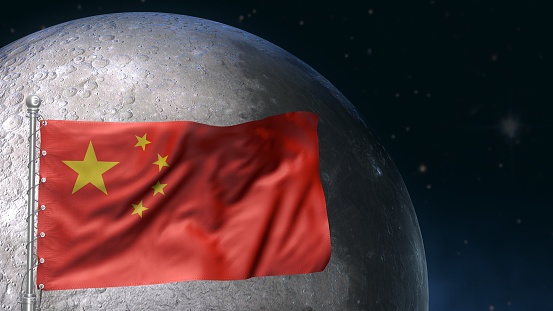 Epic view of China flag over the moon. moon exploration mission symbol. 3d render