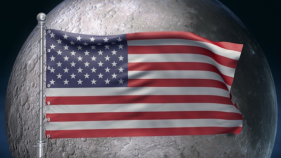 USA flag on the moon. United States moon space mission concept. Science background. 3d render