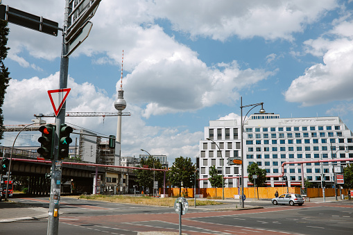 Streets of Berlin Mitte with Alexanderplatz and the TV tower in the background.