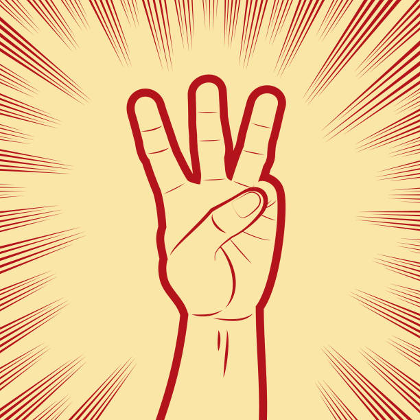ilustrações, clipart, desenhos animados e ícones de gesticular um sinal de mão de contagem três em quadrinhos afeta linhas de fundo - hand sign human hand sign language three fingers