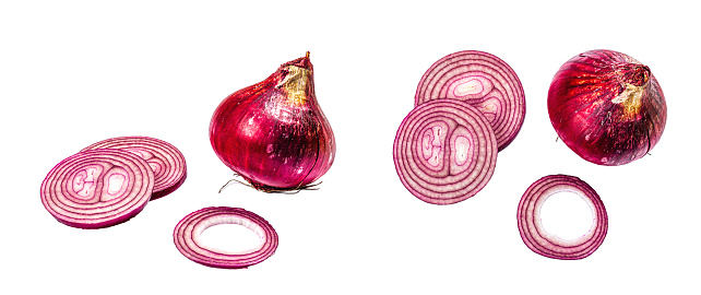 Purple onion and its slices isolated on white background. Traditional ingredient for cooking healthy food, mockup, template, banner format