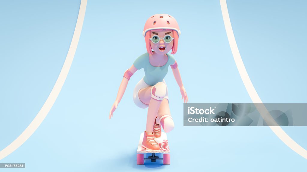 cute teenager girl wearing pink skateboard hat her happy while skateboarding. cute teenager girl wearing pink skateboard hat her happy while skateboarding. Designed in pastel color concept. cartoon character, 3d rendering. Three Dimensional Stock Photo