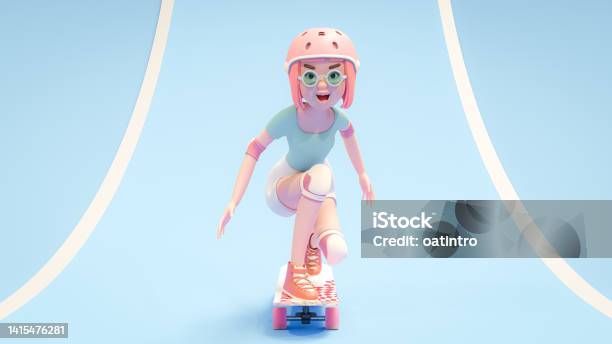 Cute Teenager Girl Wearing Pink Skateboard Hat Her Happy While Skateboarding Stock Photo - Download Image Now