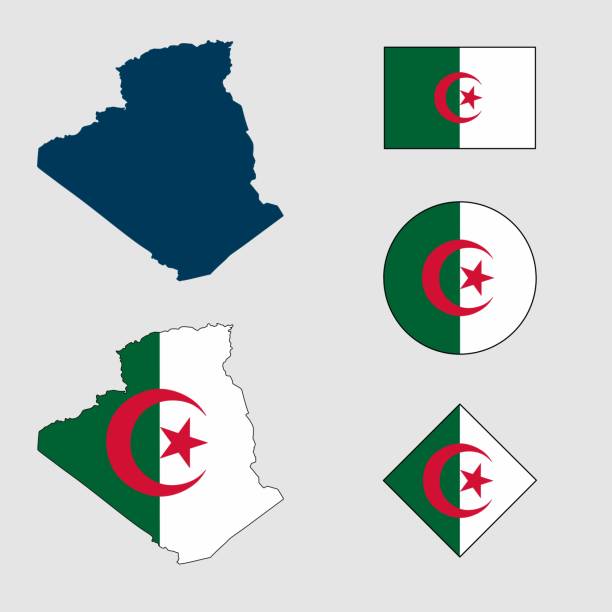 Vector of Algeria country map outline silhouette with flag set isolated on white background. Collection of Algeria flag icons with square, circle, rectangle and map shapes. algeria flag silhouettes stock illustrations