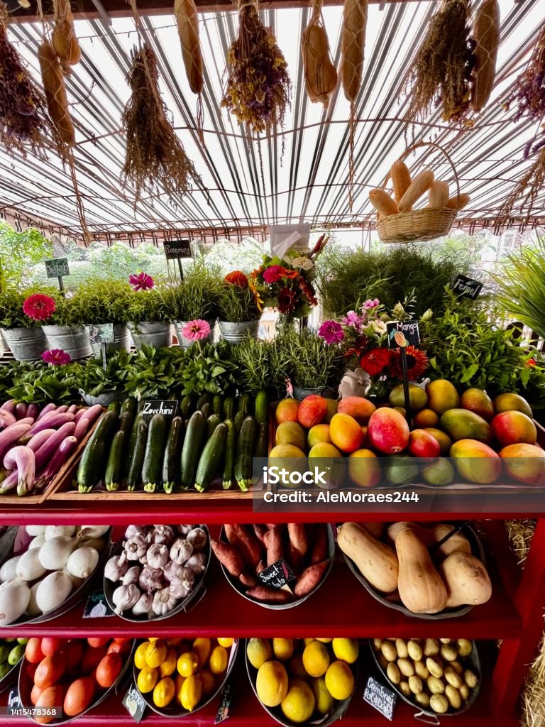 Tropical table with vegetables and fruits Table with vegetables Market - Retail Space Stock Photo