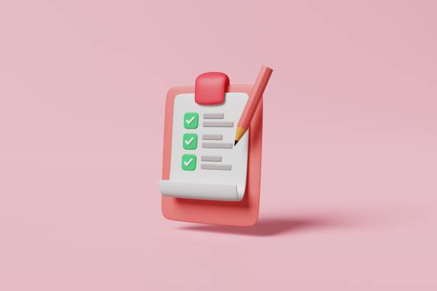 istock Pink clipboard with checklist paper sheet green checkbox correct check mark and pencil on pink background. Minimal board completed checkmark choice box task list for business planning. 3d rendering 1415479828