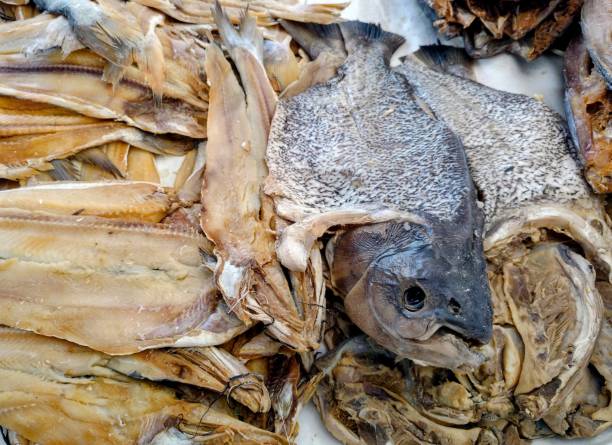 pescado seco en el mercado callejero - pescado secado fotografías e imágenes de stock